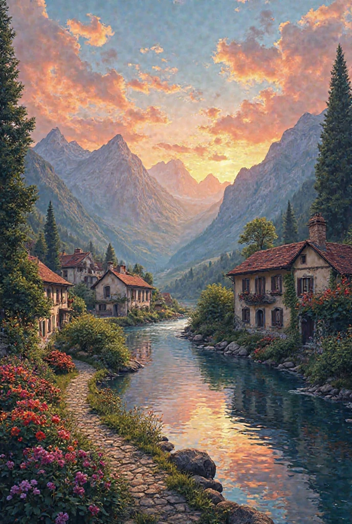 a small village by the river, mountains in the background, fleurs florales colorées,  detailed landscape , Beaux paysages naturels, atmospheric lighting, coucher de soleil brûlant, warm colors, pratique, photorealistic, Detailed foliage ,  complex buildings, Cobblestone street, Charming country house, bright swirling colors, lush vegetation,  Reflections of still water, Pittoresque, idyllique,  work of art, best quality, 8k, extremely detailed, style anime.
