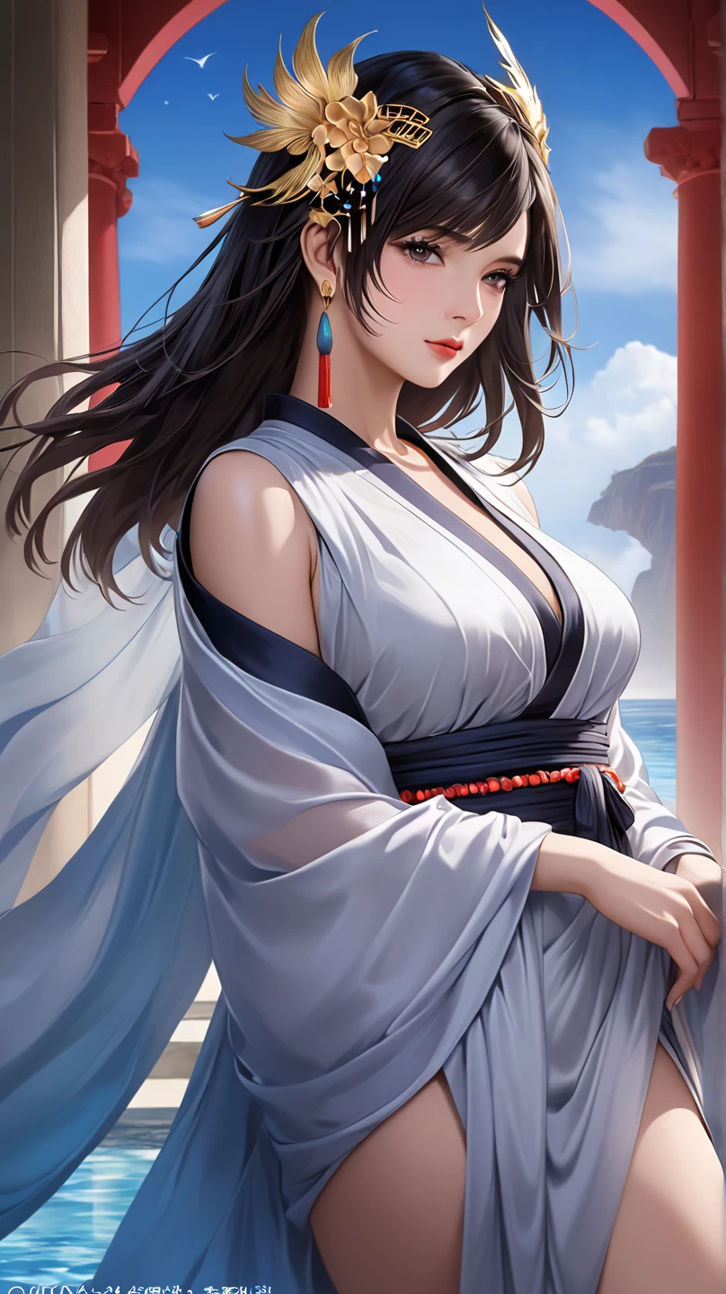  Red Cliff, cool beauty, A vivid and seductive expression, Shiny and shiny silky half-updo, perfect body proportions, Luxurious and elegant costumes wearing ancient Greek robes and shawls, Accessories, Possessing Aquarius, Another dimension of the universe,  Professional and Perfect Composition ,  Extremely Delicate Depictions , 极其清晰的image, Various effects,   bold and dynamic  , Light and shadow contrast, 2.5D, Art Photography, Ultra-realistic, Ultra fine , Absolute determination,  masterpiece(Top Resolution、unique_image)Top Quality、female、 masterpiece、Highly Detailed、Semi-realistic、short black hair、dark hair、gray eyes、 bangs、25 years old、 mature、Young、精致的facial features、facial features,close your eyes，golden ratio body，Full Body Curves，Detailed full-body portrait