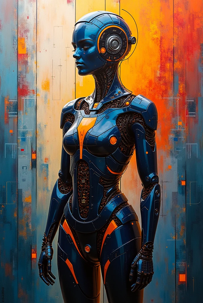 A stunning, hyper-realistic painting of a beautiful female cyborg in an orange and black outfit, showcasing intricate mechanical body parts, and adorned with a stylish jacket. Her black hair flows gracefully, and she gazes captivatingly at the viewer with her large, expressive eyes. The background features a futuristic cityscape with graffiti-covered walls and a large window that frames the cyborg perfectly. The artwork is rendered in the distinctive style of renowned artists like Russ Mills, Sakimichan, and Wlop, with white highlights, half-tone shading, and delicate details. The composition is a masterpiece of surrealism, inkpunk minimalism, and sensuality, displaying the cyborg's alluring features and iridescent, luminescent scales., painting, graffiti