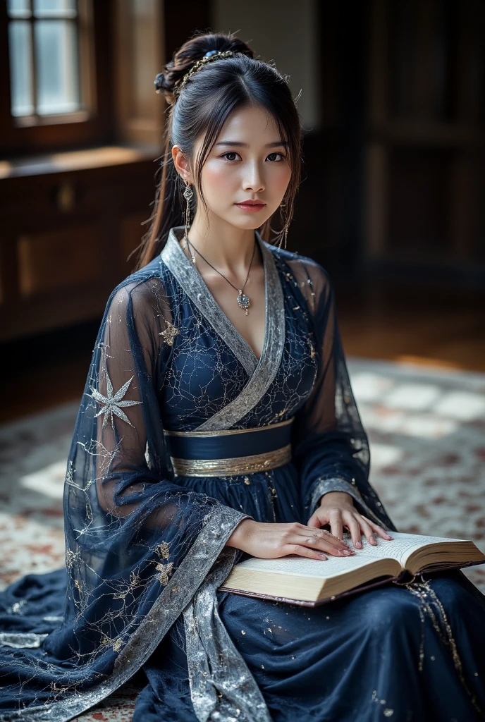 ultra-fine HD quality,Realistic and realistic photo-level effects, with the temperament of an ancient lady， She sat cross-legged in the study， wearing a dark blue long gown， The silk texture was thick but not without luster， like the stars in the night sky。 Her sleeves were wide， and fell to the ground， The outer silk gauze was gray and silver， The inner layer was embroidered with a pattern of flying swallows and folded plums， which was slightly exposed as she turned the pages。
The corners of her lips were tightly pursed， and the spider silk caressed her skin， Her neck and wrists were wrapped with invisible silk threads， like an invisible chain holding her in place