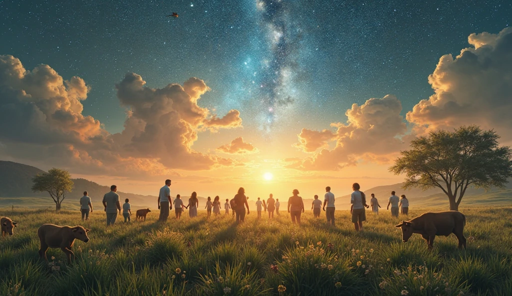 "A surreal yet lifelike vision of a world without sin, showcasing humans living in perfect unity with God and nature. Families gather in open fields beneath a starry sky illuminated by soft divine light. Animals roam freely among people, and crops grow effortlessly, reflecting effortless cooperation between humanity and creation. The atmosphere radiates peace, joy, and fulfillment."