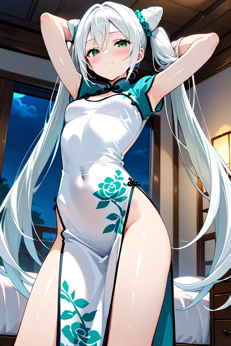 score_9,score_8_up,score_7_up,score_6_up,score_5_up,score_4_up, 1girl, pretty girl, Demi-cat-human, cute , little body, flat chest, (very slim and skinny body), cat tail, cat ears, twin tails, white hair, laying on bed, spread legs, wearing tight and short qipao, wearing stocking