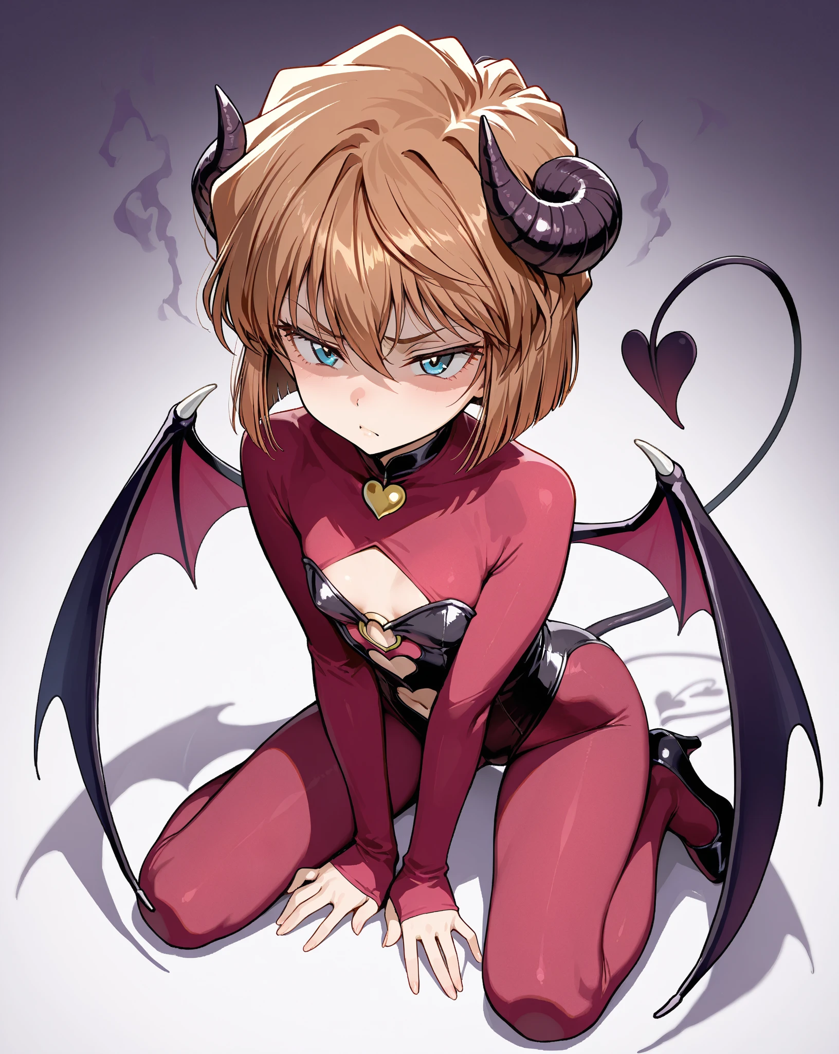 Latex outfit, with black demon horns, seductive pose, seductive smile , red eyes, mind control by succubus