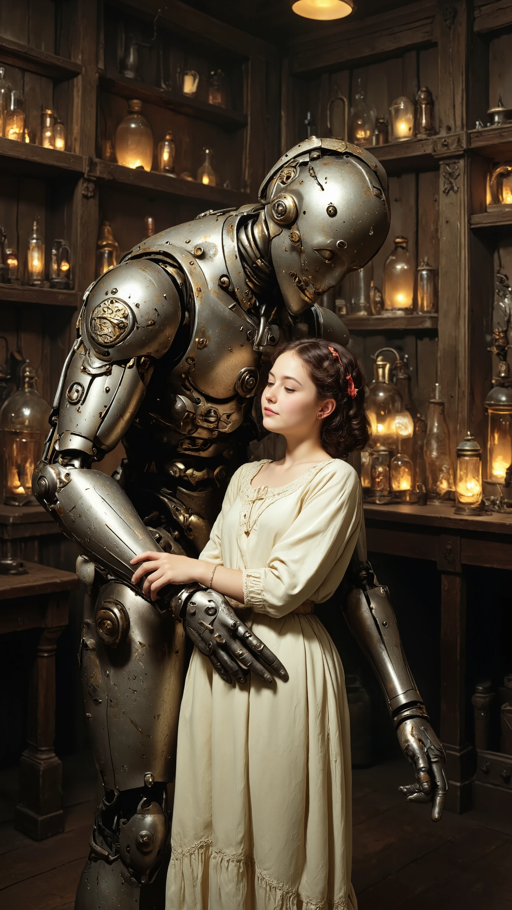 19th century,
Robot and Dr. Young girl,
She is kissing the robot body,