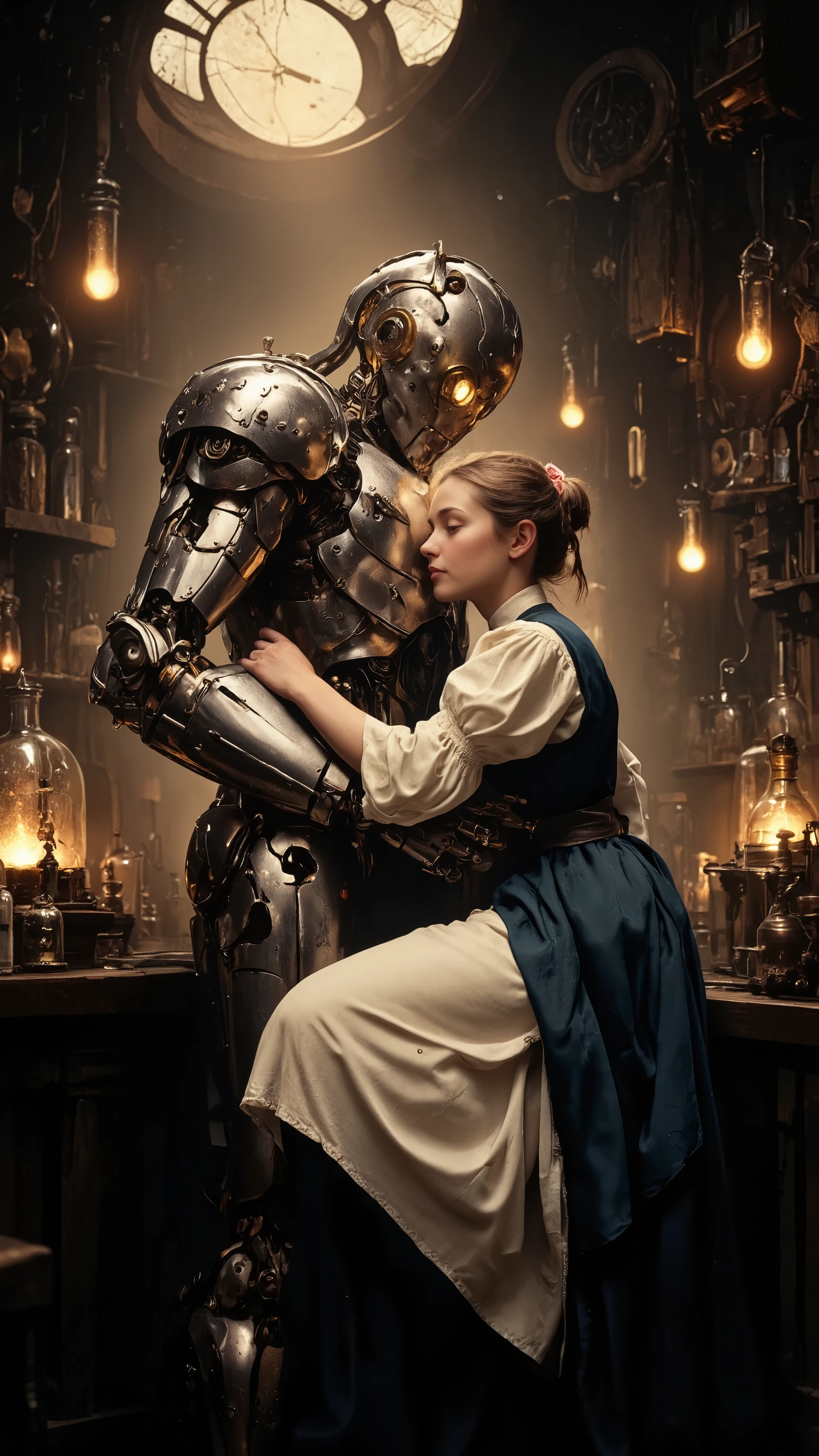 19th century,
Robot and Dr. Young girl,
She is kissing the robot body,