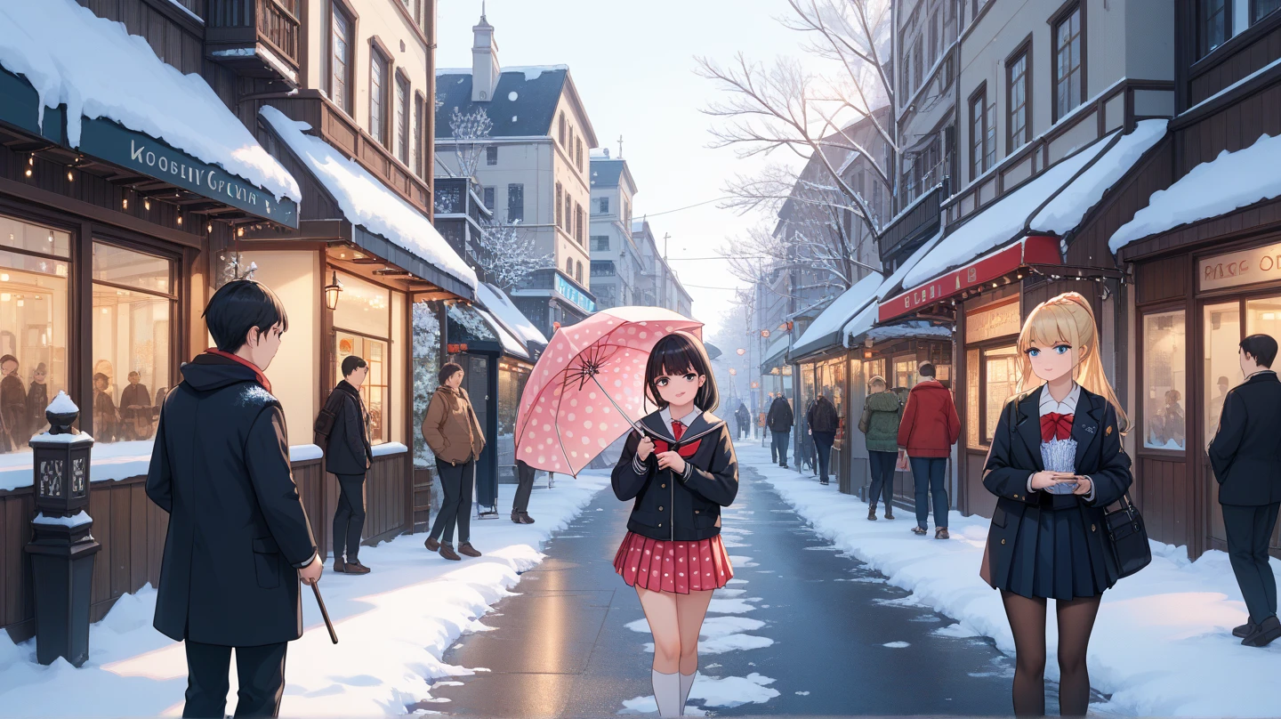"A single anime-style image depicting a scene of Girl A and Girl B standing side by side in a snowy city street, designed as a wallpaper.  
Setting: Snowy city street  

Character 1: Girl A  

Character 2: Girl B  

Girl A: Long black hair tied into a high ponytail with a red ribbon (black hair is pure black, unaffected by lighting, with three snowflakes on the ribbon), red eyes, wearing a black suit (jacket with a high, sharp collar and straight-cut pants, with 1 cm of snow accumulated on her shoulders), standing with a straight posture and chest out, holding a pink polka-dot umbrella in her right hand, placed on the left side.  

Girl B: Long blonde hair flowing down to her shoulders (blonde hair is pure gold, unaffected by lighting, with five snowflakes on the ends of her hair), with a 1 cm wide black ribbon choker around her neck, blue eyes, wearing a sailor uniform (white blouse, a 5 cm wide blue ribbon tied in a bow, a red pleated skirt 10 cm above the knee, with two snowflakes on the hem of the skirt), standing with her shoulders slightly turned inward in a gentle posture, holding a pink polka-dot umbrella in her left hand, placed on the right side.  

Background Characteristics: A snowy city street with three pedestrians wearing coats walking 10 meters away, and two five-story buildings visible 20 meters away. Snow has accumulated 5 cm on the ground, and 50 meters away, ten street trees are lined up with 3 cm of snow on their branches.  

Composition Characteristics: Position Girl A on the left and Girl B on the right. The camera captures them from a height of 1 meter above the ground, focusing on the upper bodies of Girl A and Girl B. Snowflakes fall at a rate of five per second, with light reflecting off the hair and clothes of Girl A and Girl B, creating a white glowing effect.  

Variation 1: Girl A faces forward, while Girl B tilts her head 10 degrees to the left and smiles.  

