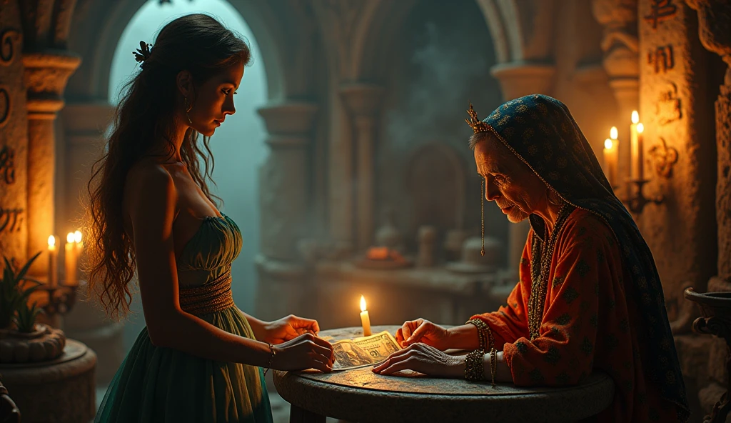 a beautiful woman gives dollar bills to a gypsy fortune teller who sits in a dark room with various occult attributes, realistic, cinematic