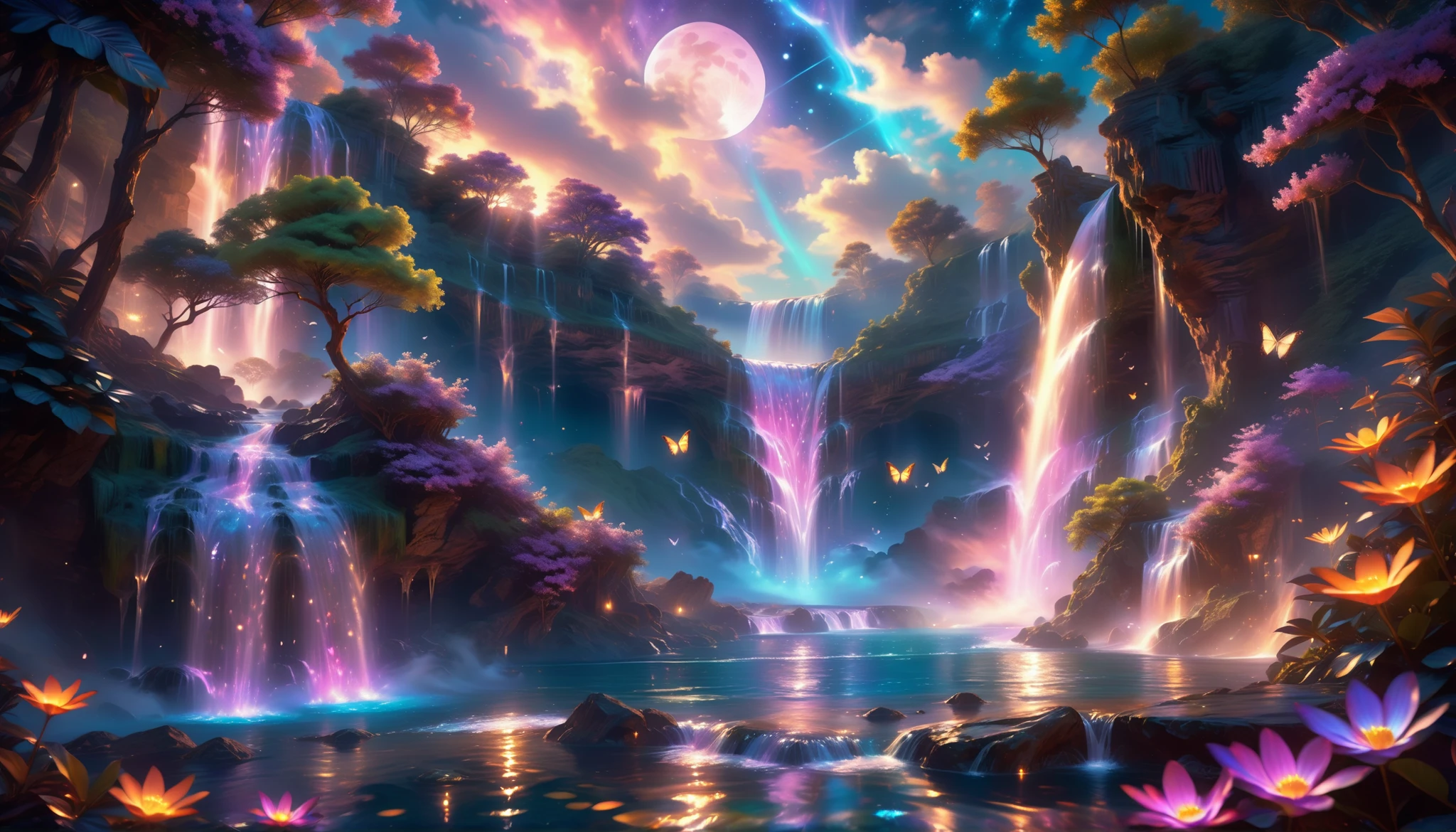A Masterpiece In 32K Resolution, Supreme Quality, Super Detail, Official Art, Very High-Resolution 32K Wallpaper, Beautiful And Aesthetic, Ultra-Detailed Features, Awe-Inspiring Detail. An Enchanted Moonlit Waterfall - Butterflies Flutter Under The Light Of The Full Moon As Iridescent Waterfalls Cascade Into A Glowing Pool. Nebula-Like Clouds Float Overhead, And The Entire Scene Glows With A Bioluminescent Radiance, Framed By Stunning Galactic Vistas.