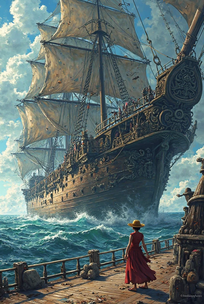 Luffy fighting a whitebeard in big ship between 2 conquer hakis