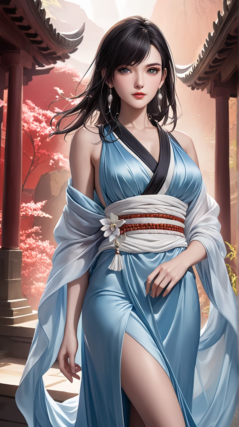  Red Cliff, cool beauty, A vivid and seductive expression, Shiny and shiny silky half-updo, perfect body proportions, Luxurious and elegant costumes wearing ancient Greek robes and shawls, Accessories, Possessing Aquarius, Another dimension of the universe,  Professional and Perfect Composition ,  Extremely Delicate Depictions , 极其清晰的image, Various effects,   bold and dynamic  , Light and shadow contrast, 2.5D, Art Photography, Ultra-realistic, Ultra fine , Absolute determination,  masterpiece(Top Resolution、unique_image)Top Quality、female、 masterpiece、Highly Detailed、Semi-realistic、short black hair、dark hair、gray eyes、 bangs、25 years old、 mature、Young、精致的facial features、facial features,close your eyes，golden ratio body，Full Body Curves，Detailed full-body portrait