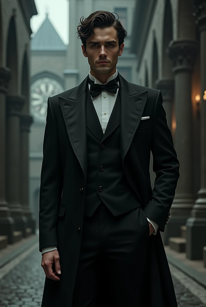 I want a male dressage dressed in black with tall black sheets in gothic style but handsome and giving me an addams family vibe 