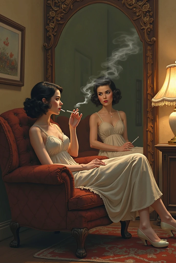 Vintage woman laying on armchair ciggaratte on mouth while looking at a big mirror next to armchair from front view in warm brown colors