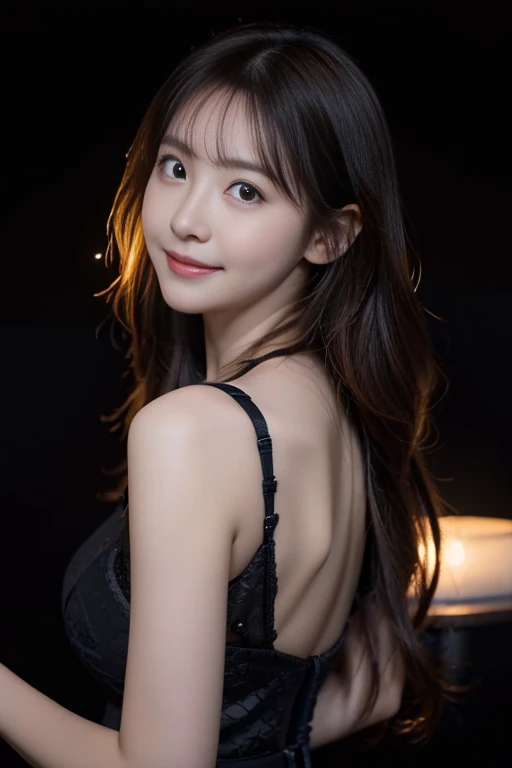 ((Night in the City、Highest quality、masterpiece、High resolution))、(((Zoom photo of upper body、Wet body、Wet Hair)))、(A shy smile:1.2)、1 woman, aged 20、Beautiful Skin、Beautiful Eyes、Large Breasts、Cat Ear Headband、Black Dress、Black Hair、Wavy Hair、Shorn bangs
