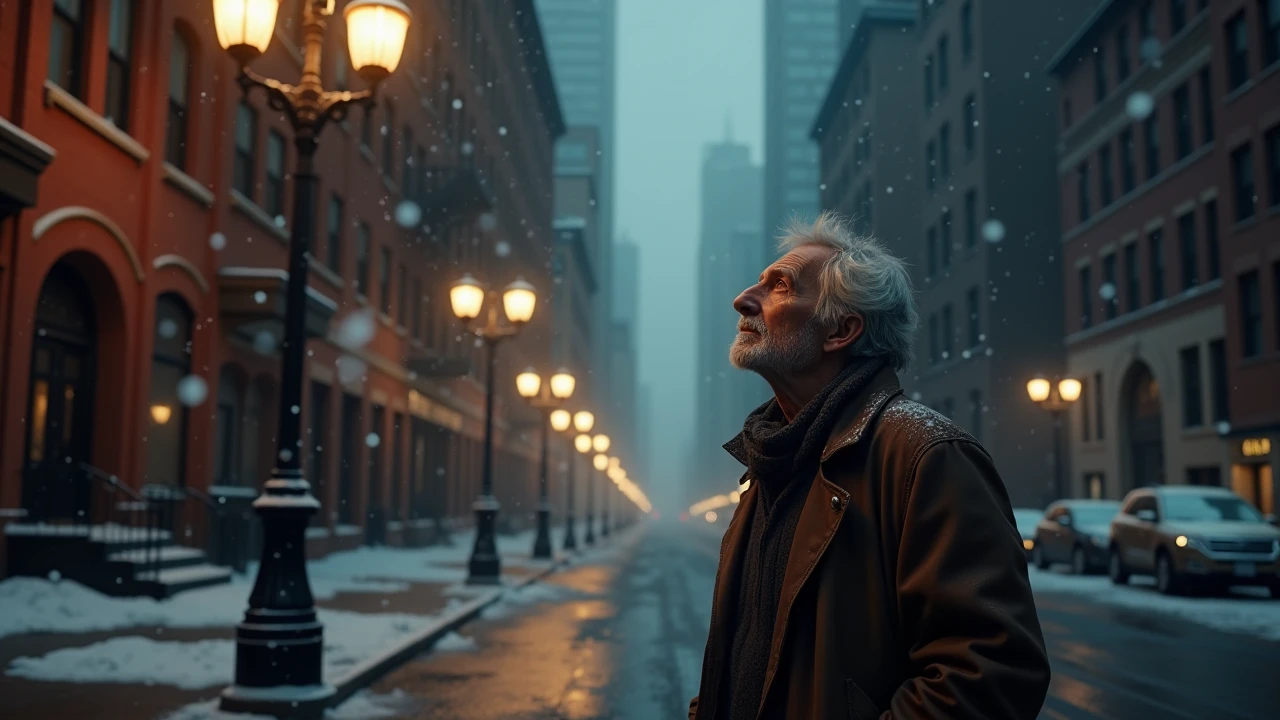 A cold winter street in a large American city at dusk, light snow falling, a homeless man standing beside a flickering streetlamp, looking up with sadness and hope – 3D environment, realistic rendering, detailed atmosphere