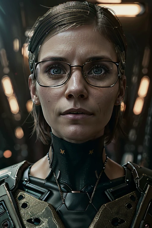 (cyberpunk military scientist:1) (1woman) dark theme :: focus on closeup face, curious face, Katee Sackhoff face, ultra realistic futuristic cyberpunk tall athletic woman, :: medium brown hair, futuristic glasses nerd :: inside cyberpunk office :: brown eyes :: natural lighting :: bokeh :: 8k :: best quality :: masterpiece :: insanely detailed:1.5