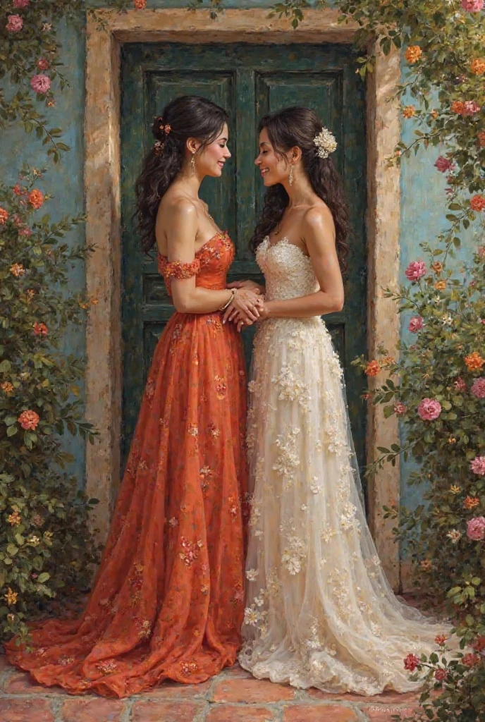 Create a painting based on the theme jubilee, a painting of two women lovers sharing and showing affection, but make it appropriate, but romantic, and make it two filipino women. Make it in the style of romanticism, and like theres so much love in it. Add a background setting, maybe theyre in their porch in their floral cottage house.