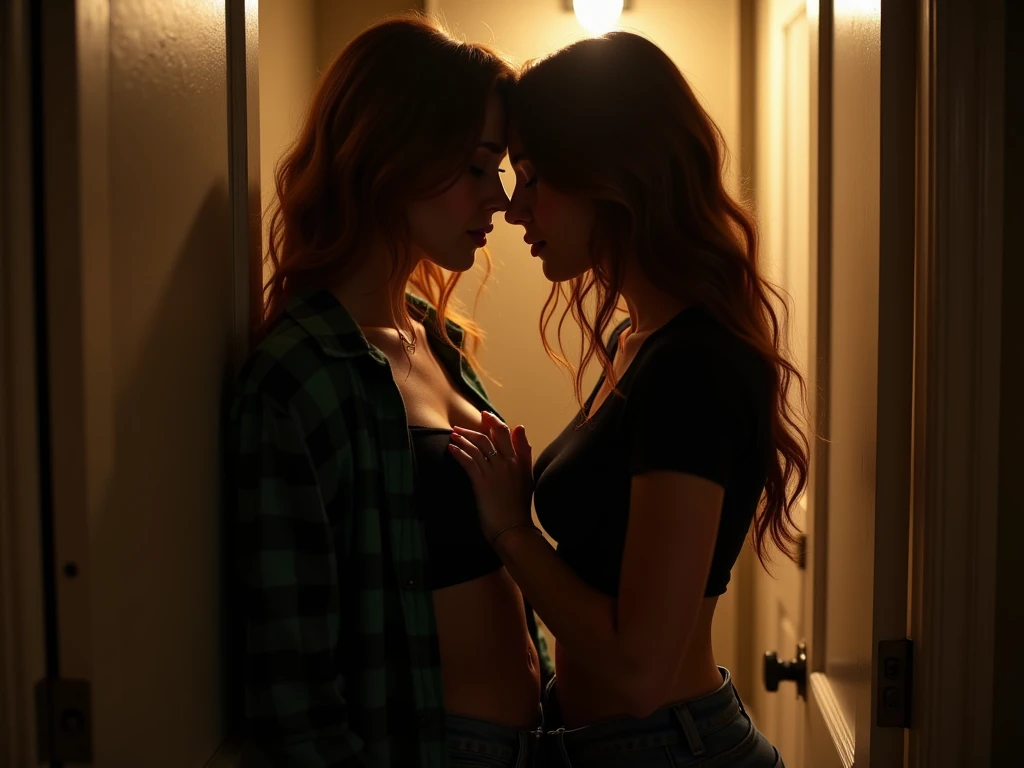 Gothic woman with perfect teenage body with curvy waist and big thighs and big butt with short red hair and glasses wearing sexy clothes and low cut blouse and string thong being kissed passionately on the mouth by a young elementary school boy hidden in a bathroom
