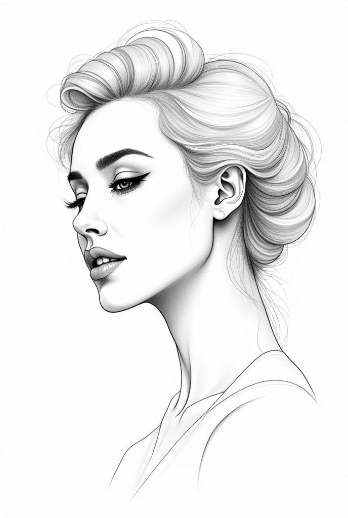 line drawing, beautiful woman's face, intricate details, elegant features, color book style, black and white, minimalistic, delicate lines, symmetrical composition --profile 8j14gwf --v 7