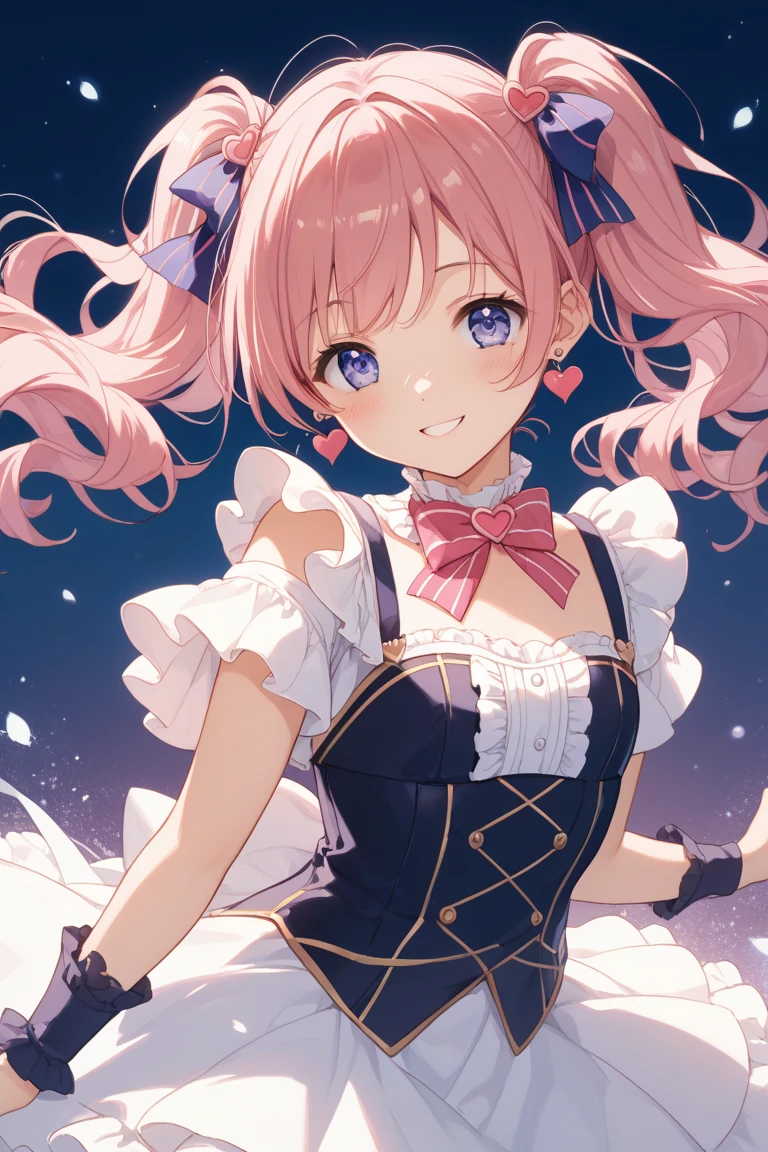 Beautiful illustrations、(masterpiece、Highest quality、8k ), (Beautiful details), Highly detailed face, Perfect lighting, Extremely detailed CG, (Perfect hands, Perfect Anatomy), cute,1 cute girl,female child, cute face, tareme, blue eyes、Sparkling eyes、Large Breasts、Middle school students、14 years、Pink Hair、((blunt bangs))、Medium short-Cut Hair、Braided hair、Idol、short, Braided hair、Sexy pose,Thighs、