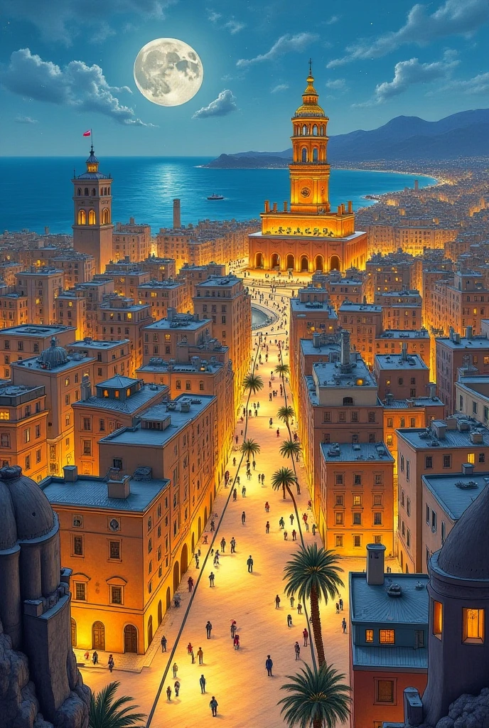 Make this drawing with aerial perspective CITIES AND MEMORY.

Starting from there and walking three days to the east, man finds bronze statues of all the gods, a city with sixty silver domes, in Diomira, streets paved with tin, a glass theater, a golden rooster, that sings every morning about a tower. The traveler already knows all these beauties because he has also seen them in other cities. But it is typical of this one that whoever arrives one night in September, when the days are getting shorter and the multicolored lamps are all lit together on the doors From deep fryers, and from a terrace a woman's voice shouts: ¡uh!, he begins to envy those who now believe that they have already lived a night like this and have been that happy time.