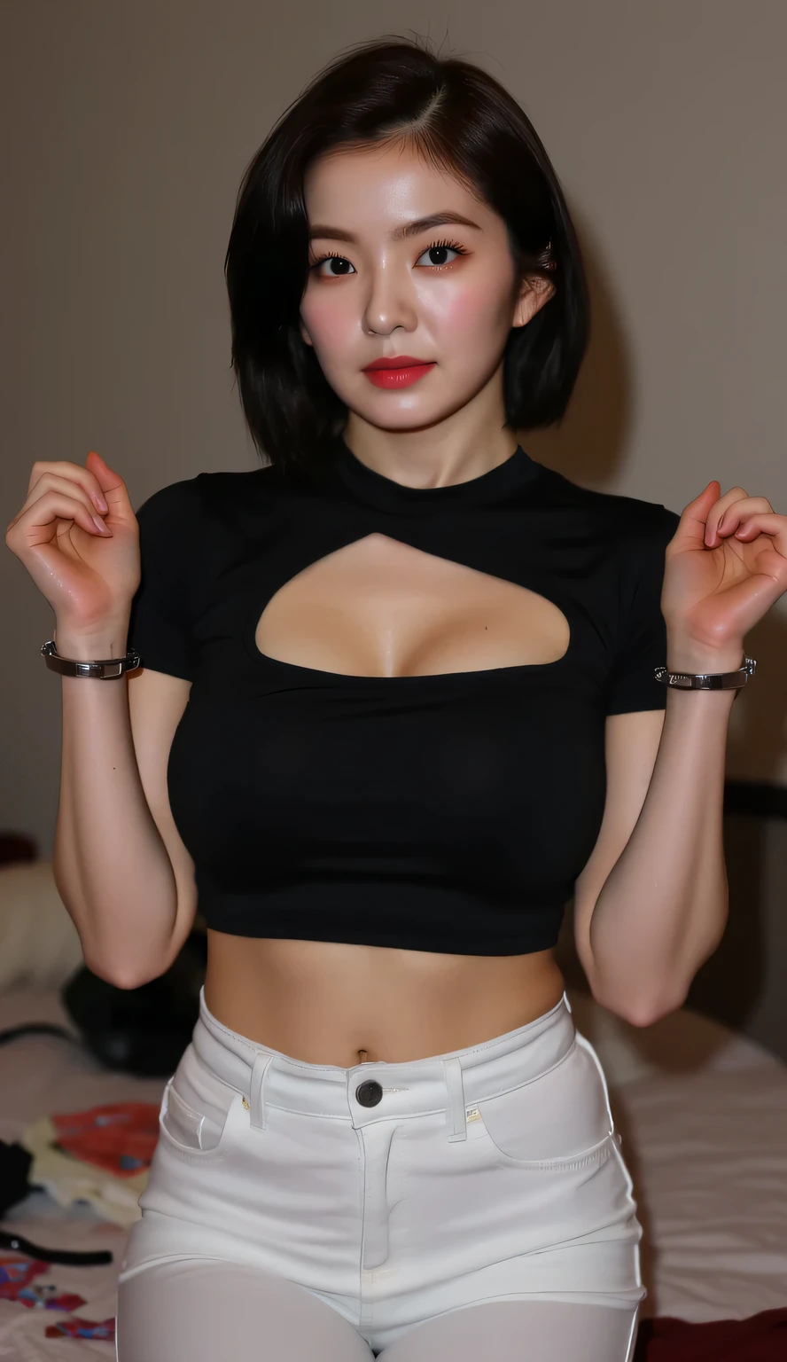 smil、Visible、I can see my nipples、(tied up in a robe:1.2)、(in 8K、top-quality、masterpiece:1.2)、(realisitic、Photorealsitic:1.37)、ultra-detailliert、 1 人、cute little、report、Beautiful detailed sky、Office、date、(Nasal blush)、 (Perfect beautiful face:1.15)、(a closed mouth)、Fine and beautiful eyes、(No Underwear:1.1)、、short cut hair、束缚、、(short-hair:1.5)、Float NovaFrogStyle、slenderbody、a 20 yo woman、brown haired、、Brown-eyed、small head、((g-cup))、fashionGirl、beautidful eyes、True Face、authentic skin、Real Face、real looking skin、A detailed eye、、(No shirt:1.2), Dynamic Poses、viewer、See detailed faces and breasts、announcer, The tips of the are sticking out。areola protruding。pubic shape clearly visible。Lots of lashes。Pure black eyeshadow。Pitch black lip。Pure black sexy pin heels。pubick hair。the lower abdomen bristles。A slender。crotch open。Lots of pubic hair、Pubic hair sticking out、Petite and delicate figure、(in a office)、Camel toes、Protruding_teats