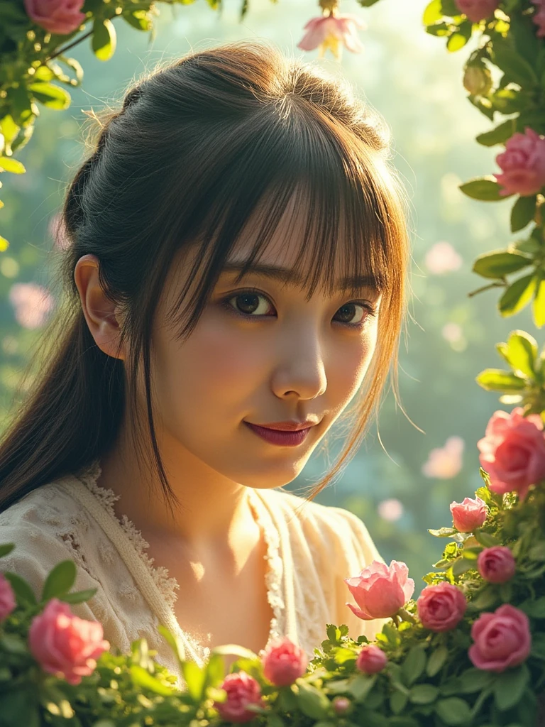 Yoda_Yuuki ,身長153cm,a young woman with long hair and bangs、 big breast,Actual photo、( Masterpiece,   top quality:1.2),   alone,(( happy smile)),ミクロワールド