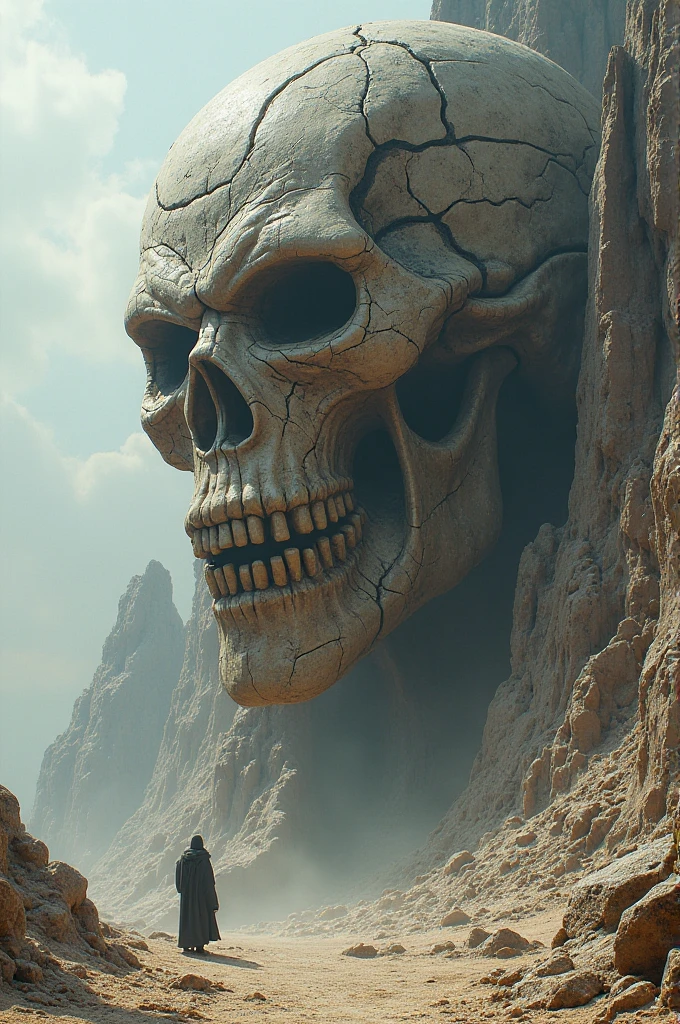 beautifully designed, high qualiy, ultra-detailed CG illustration of hundreds of human skulls embedded in a rock wall as far as the eye can see, Apocalyptic vision.