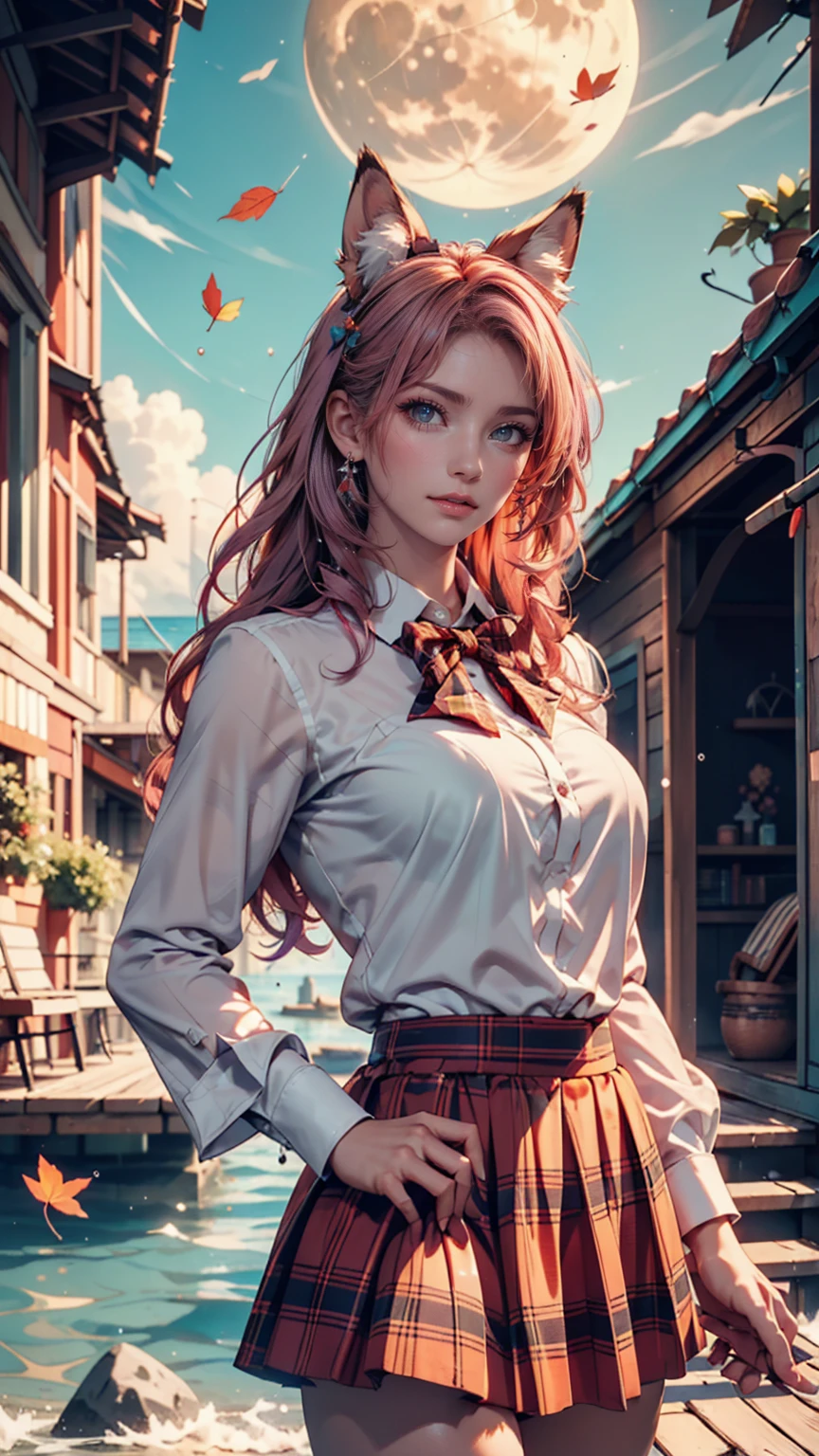 (1 girl, size), (Guitar solo), bubble skirt, aqua shirt, bow, bowtie, button, collared shirt, expressionless, Eyebrows hidden by hair, fox mask, cowboy shot in the stone chamber, long hair, long sleeve, mask, multicolored button, pink eyes, pink hair, orange skirt, plaid, plaid shirt, purple bow, purple bowtie, shirt, skirt, solo, very long hair, sea, ocean, strand, cloudy, sunlight, dusk, moon, cloud, null, Outdoors, cloudy null, leaf, Ruins, sunshine, post-apocalypse, sidemap