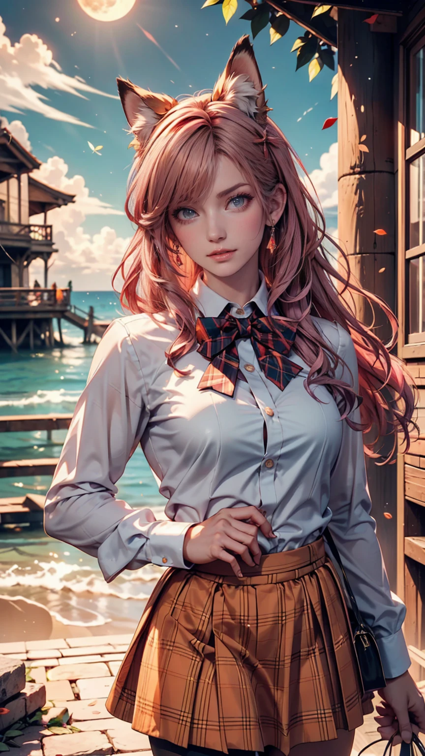 (1 girl, size), (Guitar solo), bubble skirt, aqua shirt, bow, bowtie, button, collared shirt, expressionless, Eyebrows hidden by hair, fox mask, cowboy shot in the stone chamber, long hair, long sleeve, mask, multicolored button, pink eyes, pink hair, orange skirt, plaid, plaid shirt, purple bow, purple bowtie, shirt, skirt, solo, very long hair, sea, ocean, strand, cloudy, sunlight, dusk, moon, cloud, null, Outdoors, cloudy null, leaf, Ruins, sunshine, post-apocalypse, sidemap