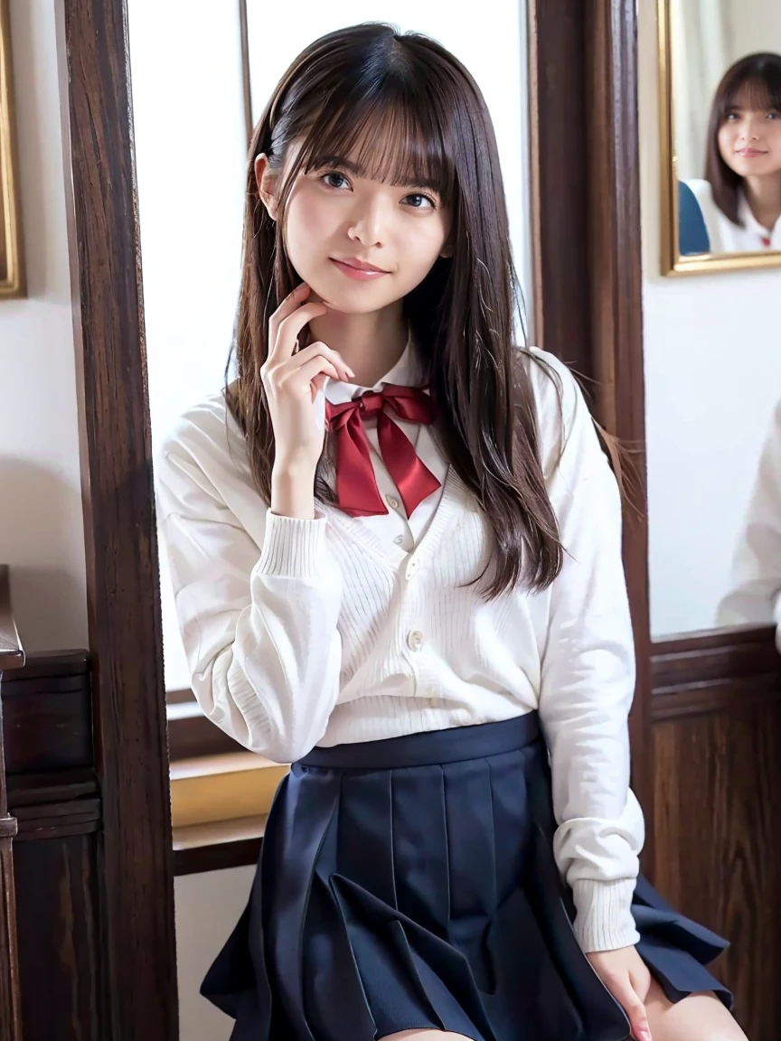 An innocent 18-year-old girl、(Schoolgirl uniform、Beige blazer、Fine pleated skirt、Checkered Skirt、White shirt、Red ribbon tie、Spread your legs、sit on futon、White lace underwear is visible)、(Small breasts、Small breasts)、(smile、Perfect white teeth)、bangs、Long Hair、(Twin tails in a high position、Smooth Hair)、Slim body、RAW Photos, (8k、highest quality、masterpiece、Realistic photo:1.2)、(Realistic:1.4)、Octane Rendering、Highly detailed and exquisite 3D rendering、Soft studio light、Bright lighting、Rim Light、Super detailed、Realistic skin texture、Beautiful eyes in every detail、(Detailed Background、The background is blurry:1.2), Shiny skin、whole body、Brush your hair up with your hands、