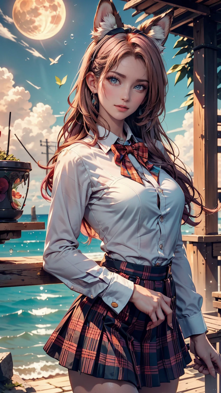 (1 girl, size), (Guitar solo), bubble skirt, aqua shirt, bow, bowtie, button, collared shirt, expressionless, Eyebrows hidden by hair, fox mask, cowboy shot in the stone chamber, long hair, long sleeve, mask, multicolored button, pink eyes, pink hair, orange skirt, plaid, plaid shirt, purple bow, purple bowtie, shirt, skirt, solo, very long hair, sea, ocean, strand, cloudy, sunlight, dusk, moon, cloud, null, Outdoors, cloudy null, leaf, Ruins, sunshine, post-apocalypse, sidemap