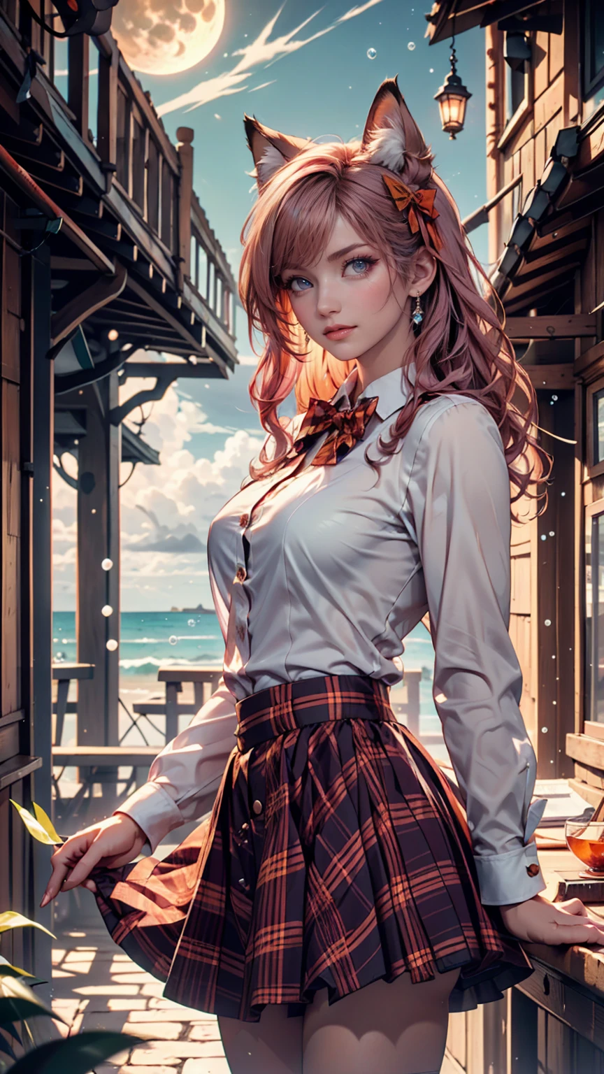 (1 girl, size), (Guitar solo), bubble skirt, aqua shirt, bow, bowtie, button, collared shirt, expressionless, Eyebrows hidden by hair, fox mask, cowboy shot in the stone chamber, long hair, long sleeve, mask, multicolored button, pink eyes, pink hair, orange skirt, plaid, plaid shirt, purple bow, purple bowtie, shirt, skirt, solo, very long hair, sea, ocean, strand, cloudy, sunlight, dusk, moon, cloud, null, Outdoors, cloudy null, leaf, Ruins, sunshine, post-apocalypse, sidemap