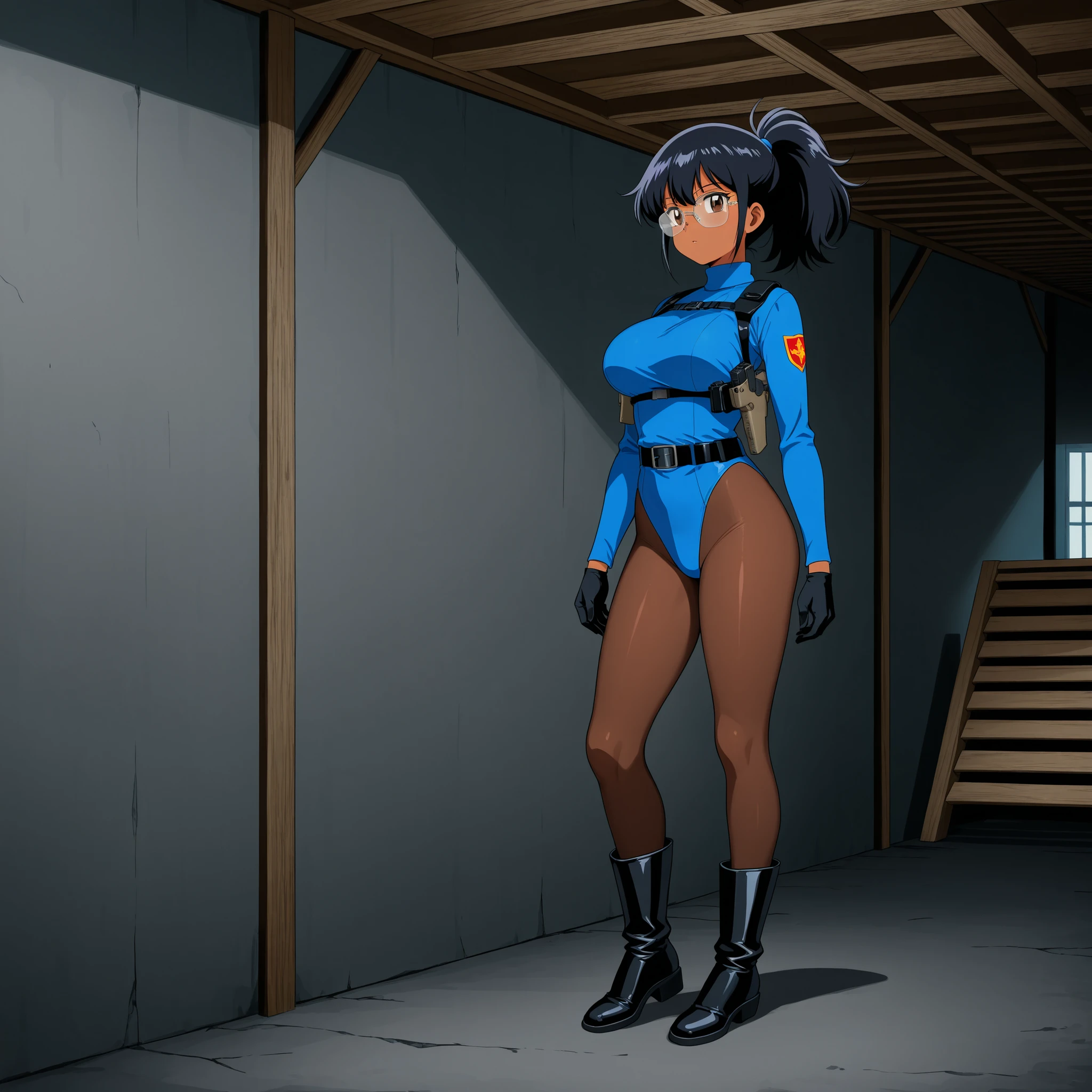 ultra-detailed, Explicit, Beautiful body, Beautiful Nose, Beautiful character design, perfect eyes, perfect face, ultra highres, 4K, beautiful legs, perfect legs, Nice hands, Perfect hand, Masterpiece, Best Quality, Highly detailed, illustration, absurdres, street fighter, doll suit, shadaloo doll, dollsuit, expressionless, blank eyes, looking at viewer, red gloves, emotionless, black latex, corrution, mind control, female combatant, full body, hypnotized, unhappy trance, full body suit, ribbed bodysuit, both arms at side, obey, perfect female body, extremely glossy latex, hypnosis, hypnoLora, empty eyes, Mind control device, poses, submissive_pose, Slave, hat, necktie, stand up straight, standing, standing at attention, hat, necktie, belt, latex, ribbed bodysuit, thighhighs, garter belt, Fighting Stance, extending the right arm from the shoulder into the air with a straightened hand, nazi saluting, military, military saluting, salute, thigh boots, solo, 1girl, Miike Naeko, Detective Conan, black hair, blue eyes, twin tails, blood on shirt, blood on hand, blood on clothes, blood on face, blood, blood on arm