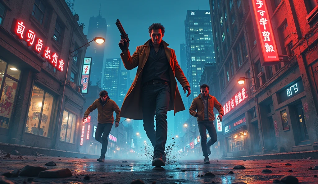 Armed detective man running after shooting two robbers on dark city street design style anime retrowave 90s