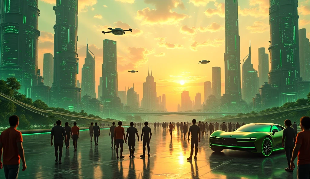 Futuristic cityscape in 2050, advanced technology, flying cars, green skyscrapers, diverse people wearing modern clothes, glowing neon lights, clean environment, dramatic sunset sky, cinematic style, high detail