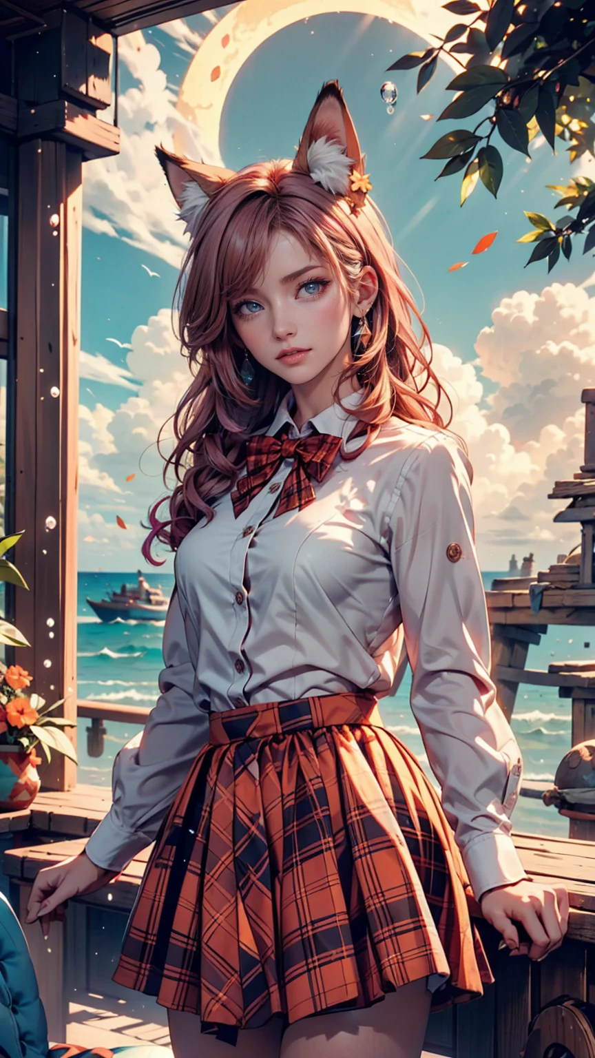 (1 girl, size), (Guitar solo), bubble skirt, aqua shirt, bow, bowtie, button, collared shirt, expressionless, Eyebrows hidden by hair, fox mask, cowboy shot in the stone chamber, long hair, long sleeve, mask, multicolored button, pink eyes, pink hair, orange skirt, plaid, plaid shirt, purple bow, purple bowtie, shirt, skirt, solo, very long hair, sea, ocean, strand, cloudy, sunlight, dusk, moon, cloud, null, Outdoors, cloudy null, leaf, Ruins, sunshine, post-apocalypse, sidemap