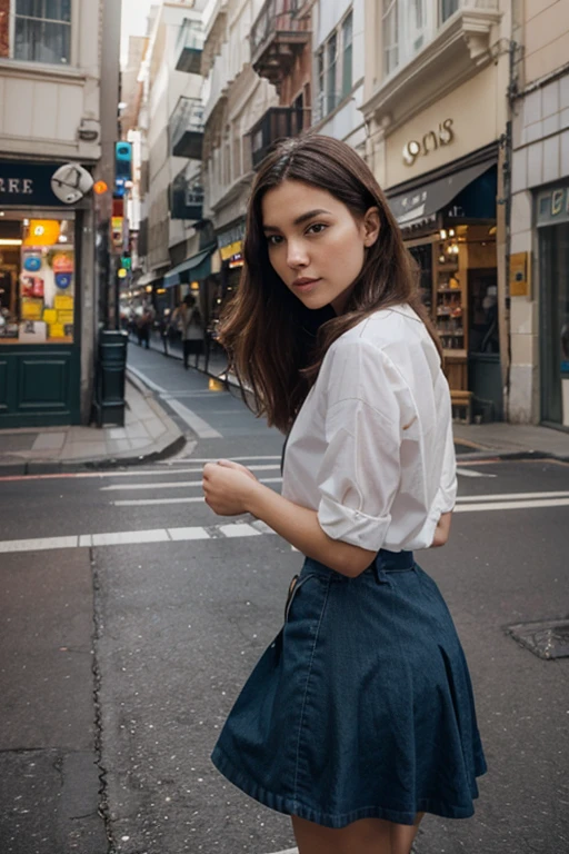Generate a realistic, human-captured image of a person wearing a blouse with ruffle sleeves paired with a jean skirt.
