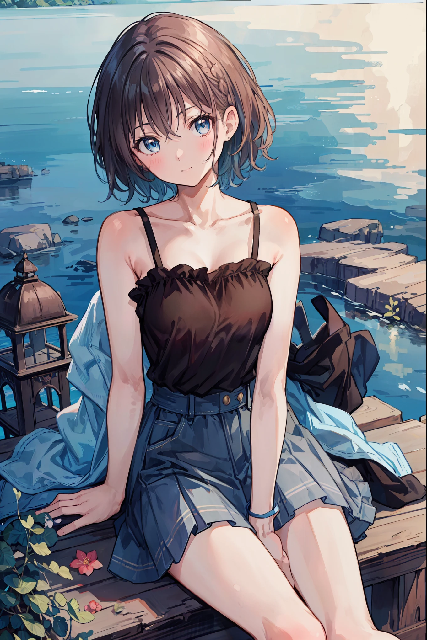 16 years old, anime girl sitting under a tree looking at the water, next to boat, pet, flower pot, anime vision of cute girl, portrait of cute anime girl, cute detailed digital art, anime style portrait, beautiful anime portrait, digital anime illustration, cute anime girl, detailed portrait of anime girl, anime style illustration, kawaii realistic portrait, cute anime girl portrait, detailed fan art, young anime girl, detailed digital anime art, black hair, hair bow, smile, gaze level shooting, Similar to the color of Ghibli, UHD