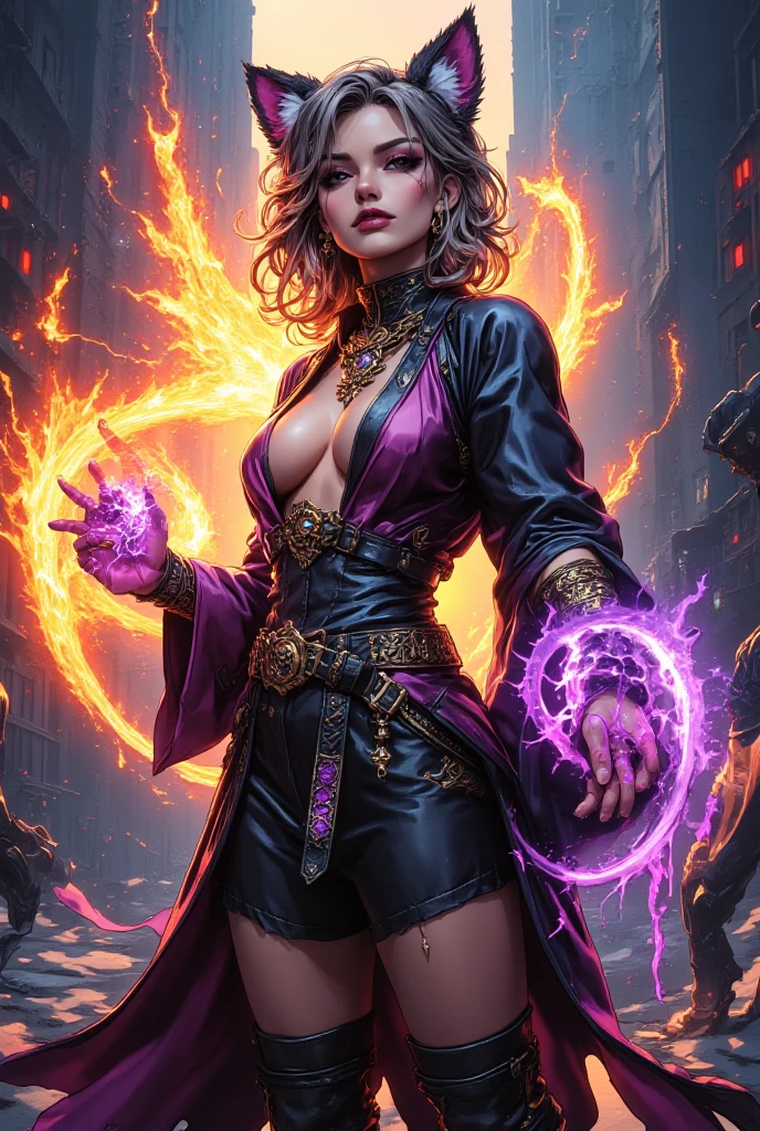 Arcane Punk, fantasy, ((Human female )), sorcerer, powerful magical energy, revealing robe costume, back background symbolizing excellent color chaos,  Full Body Expression , beautiful face, perfect body, perfect face with strong wrapping, high detail, , super high definition, 4K, 