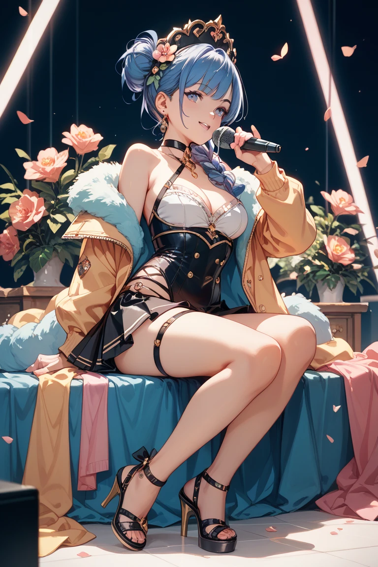 1girl, masterpiece, best quality, ultra detail, short straight black hair, pink lips, blue eyes, smiling, red cheek, looking at viewer, young, necklace, medium breasts, glasses, bare shoulders, midriff, crop top, 5 fingers, sexy legs