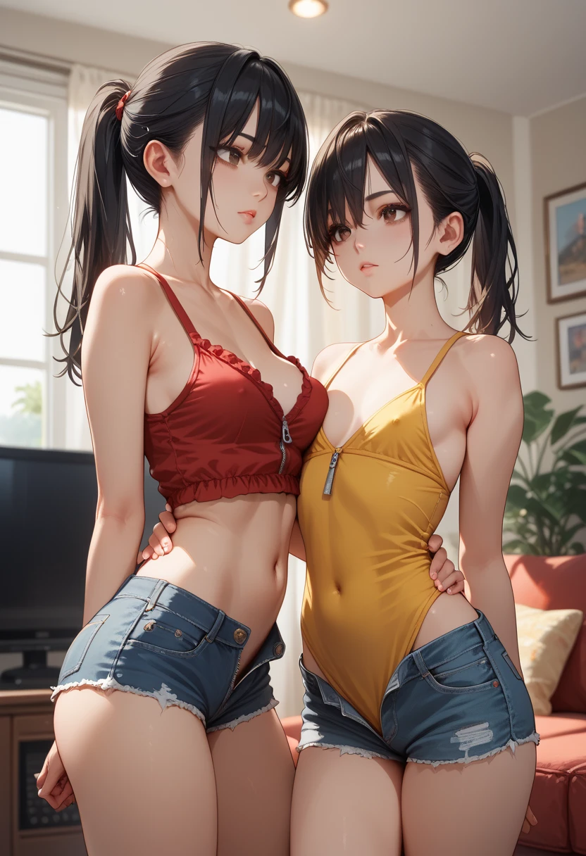 Animated image of two women in classroom holding mirror, Ecchi anime style, anime moe art style, Ecchi style, oppai, Ecchi, Kantai Collection Style, Fubuki, biomechanical oppai, highly_Detailed!!, Twin-tailed, small curvy , oppai proportions, two beautiful anime girls, Teasing smile, ((medium breasts⁩, tomgirl, small head)), Daylight, Sunlight, (Chiseled abs : 1.1), (Perfect body : 1.1), (short wavy hair : 1.2) , reddish brown hair, Collar, chain, Full body shot, crowdedstreets, wearing black tanktop, Jeans Jacket, ((Shorts)), (Very detailed CG 8k wallpaper), (extremely delicate and beautiful), (masutepiece), (Best Quality:1.0), (超A high resolution:1.0), Beautiful lighting ,Perfect Lightning, Realistic Shadows, [hight resolution], Detailed skin, Ultra-detailed