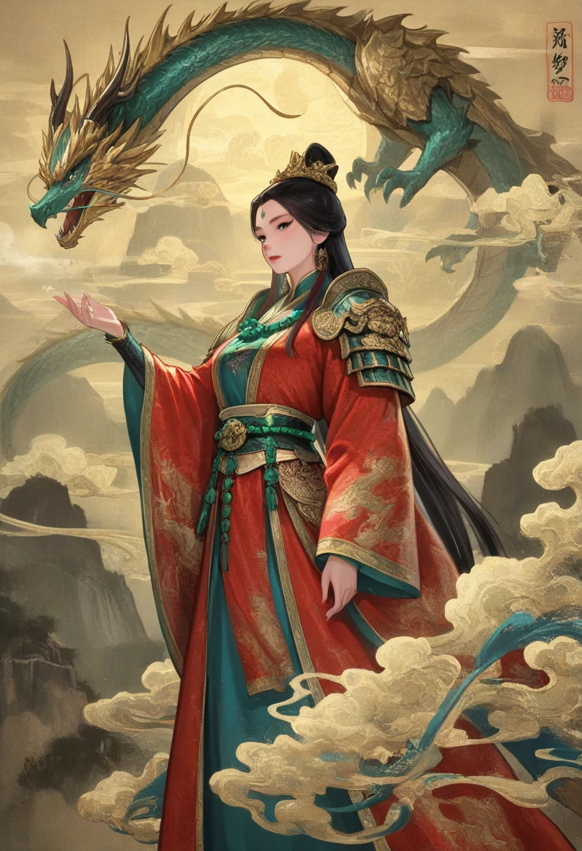 1girl,dragon rider in Ming dynasty flying fish robe, embroidered with golden clouds, jade belt, iron-winged dragon, mountain peaks, ink painting sky, traditional Chinese armor pauldrons, silk sash fluttering, cinematic wuxia lighting
,masterpiece, best quality, newest, highres, absurdres,