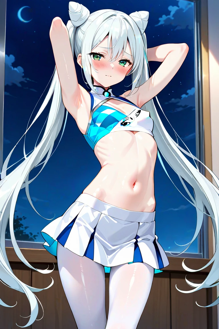 realistic image, detailed image, coherent image, 1 beautiful girl, she has very long hair, light blue hair, blue eyes, smiling expression. She is wearing a strapless top, showing her navel, a thin thong, a pleated miniskirt, sneakers, She has a curvy body, medium breasts and thick thighs, She is kneeling with her legs closed, arching her back, surrounded by bottles of alcohol, background of a mountainous landscape, flower petals falling around, sunset, twilight, soft focus, full body view, dramatic shadows, volumetric lighting, natural lighting,ksaqua