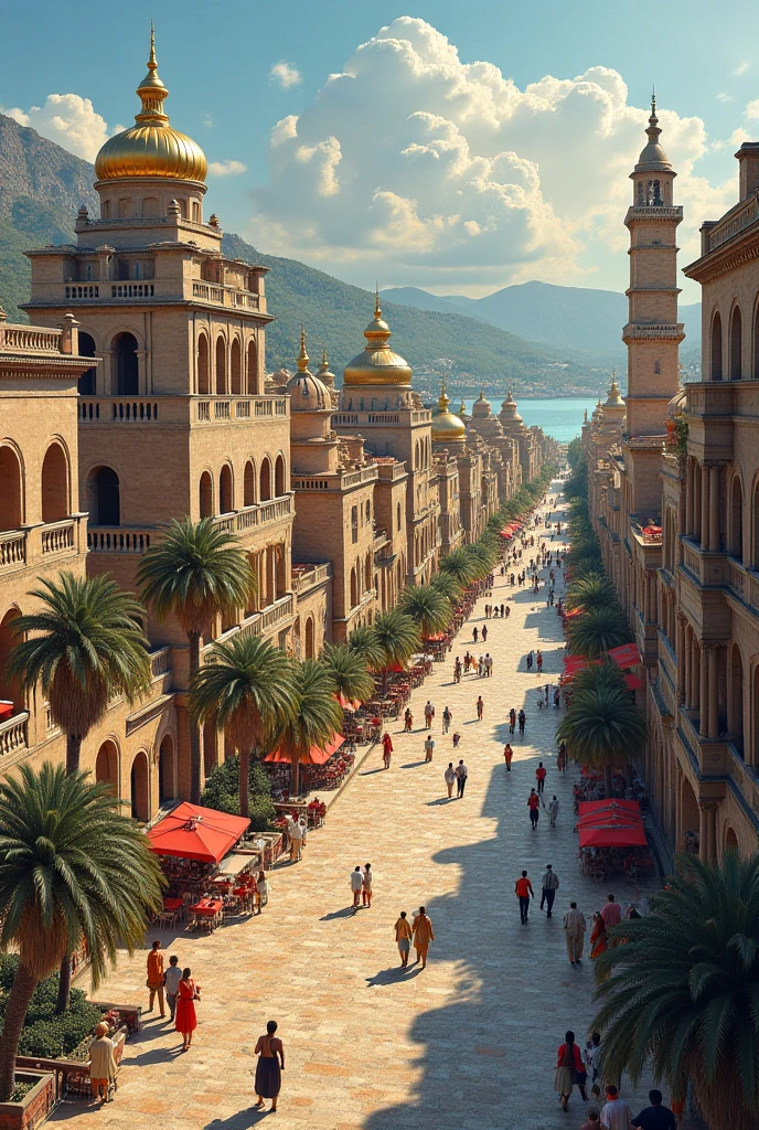 Make this drawing with aerial perspective CITIES AND MEMORY. Starting from there and walking three days to the east, man finds bronze statues of all the gods, a city with sixty silver domes, in Diomira, streets paved with tin, a glass theater, a golden rooster, that sings every morning about a tower. The traveler already knows all these beauties because he has also seen them in other cities. But it is typical of this one that whoever arrives one night in September, when the days are getting shorter and the multicolored lamps are all lit together on the doors From deep fryers, and from a terrace a woman's voice shouts: ¡uh!, he begins to envy those who now believe that they have already lived a night like this and have been that happy time.