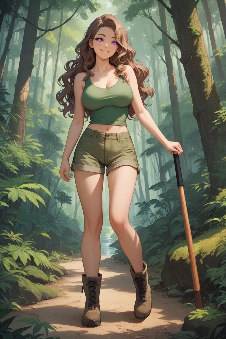 m1l1t4r7, 1girl, (military vest, bare arms), blunt bangs, long dark hair, witch hat, shorts, bandages, gloves, boots, ((jungle, sitting, sweat), <lora:military-06:1>