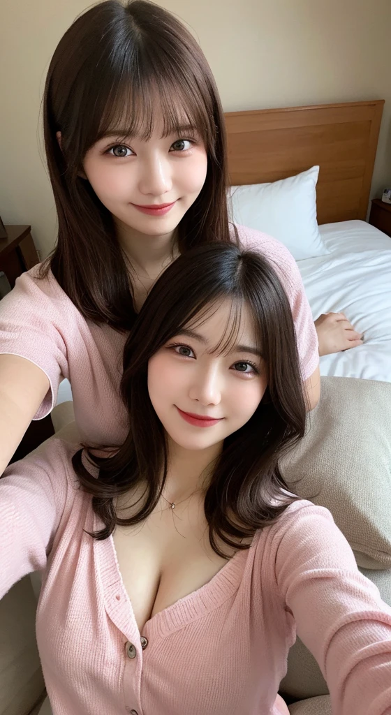 ((Night, Realistic Light, Best Quality, 8K, Masterpiece: 1.3)), 1girl, Slim Beauty: 1.4, Abs: 1.1, (Brown hair, Medium breasts: 1.3), Long pink sweater: 1.1, Bathroom, Super fine face, Delicate eyes, Double eyelids, smile, necklace