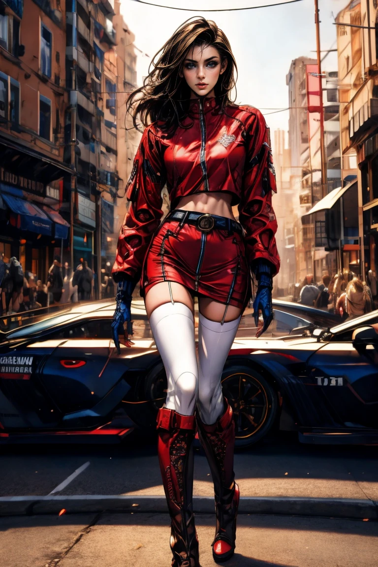 A full-body, ultra-detailed semi-realistic digital painting of a mature Serbian woman in her early 40s, with a tall, statuesque, and elegant figure that radiates strength and cultural pride. Her proportions follow a 10-heads-tall fashion model silhouette, with a modestly full bust, narrow waist, long athletic legs, and graceful posture. She stands confidently, with a subtle hip tilt and relaxed arms. Her skin is fair and smooth with a porcelain glow. Her  features are traditionally Slavic—high cheekbones, a straight nose, defined jawline, and almond-shaped steel blue eyes under strong brows. Her expression is calm and noble, lips full and balanced, painted in matte wine-red. Her makeup is sculpted and minimal: taupe eyeshadow, soft contour, and light highlighter.

She wears a modern race queen outfit influenced by Serbian heritage. The zip-up crop top is deep red with navy accents, embroidered with silver geometric patterns on the shoulders and sleeves. A matching ultra-short  features navy side panels, silver-trimmed edges, and a crimson sash-style waistband resembling a traditional Serbian belt. Black thigh-high boots with silver embroidery and deep red fingerless gloves complete the bold yet refined ensemble.

Her dark brown hair is silky and straight, parted at the side and flowing down to her waist in polished, smooth strands. It is tucked behind one ear to reveal her  features, with no bangs or accessories. The balanced length and natural volume of her hair enhance her poised, composed presence.

She stands before traditional stone architecture under soft golden light, with a subtly blurred Serbian urban backdrop that highlights her dignified appearance. Masterpiece, best quality, semi-realistic, 8K resolution, cinematic lighting, hyperrealistic portrait, finely detailed.