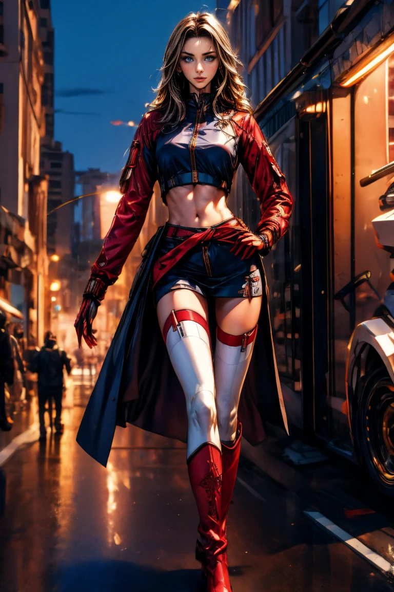 A full-body, ultra-detailed semi-realistic digital painting of a mature Serbian woman in her early 40s, with a tall, statuesque, and elegant figure that radiates strength and cultural pride. Her proportions follow a 10-heads-tall fashion model silhouette, with a modestly full bust, narrow waist, long athletic legs, and graceful posture. She stands confidently, with a subtle hip tilt and relaxed arms. Her skin is fair and smooth with a porcelain glow. Her facial features are traditionally Slavic—high cheekbones, a straight nose, defined jawline, and almond-shaped steel blue eyes under strong brows. Her expression is calm and noble, lips full and balanced, painted in matte wine-red. Her makeup is sculpted and minimal: taupe eyeshadow, soft contour, and light highlighter.

She wears a modern race queen outfit influenced by Serbian heritage. The zip-up crop top is deep red with navy accents, embroidered with silver geometric patterns on the shoulders and sleeves. A matching ultra-short miniskirt features navy side panels, silver-trimmed edges, and a crimson sash-style waistband resembling a traditional Serbian belt. Black thigh-high boots with silver embroidery and deep red fingerless gloves complete the bold yet refined ensemble.

Her dark brown hair is silky and straight, parted at the side and flowing down to her waist in polished, smooth strands. It is tucked behind one ear to reveal her facial features, with no bangs or accessories. The balanced length and natural volume of her hair enhance her poised, composed presence.

She stands before traditional stone architecture under soft golden light, with a subtly blurred Serbian urban backdrop that highlights her dignified appearance. Masterpiece, best quality, semi-realistic, 8K resolution, cinematic lighting, hyperrealistic portrait, finely detailed.