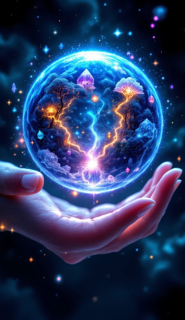 Prompt:

Masterpiece, breathtakingly detailed macro shot of a miniature dreamscape cradled by the luminous hand of a cosmic creator goddess. Fantastical crystalline formations of varying transparency and color create an otherworldly environment. Within this "crystal dreamscape," tiny, whimsical sprite-like beings with iridescent wings flit and glow. Volumetric light filters through the crystal structures, casting vibrant caustic patterns. Hyper-realistic textures showcase the intricate facets and internal luminescence of the crystals. Dreamy, ethereal background with soft, glowing particles. Focus on the magical and whimsical nature of a micro-fantasy world.

Notes: cosmicart, fantasyart, detailedillustration, SuperPremium, aesthetic, 8K.

Key elements: Whimsical crystal formations, sprite-like beings, iridescent details, magical atmosphere, dreamlike quality.