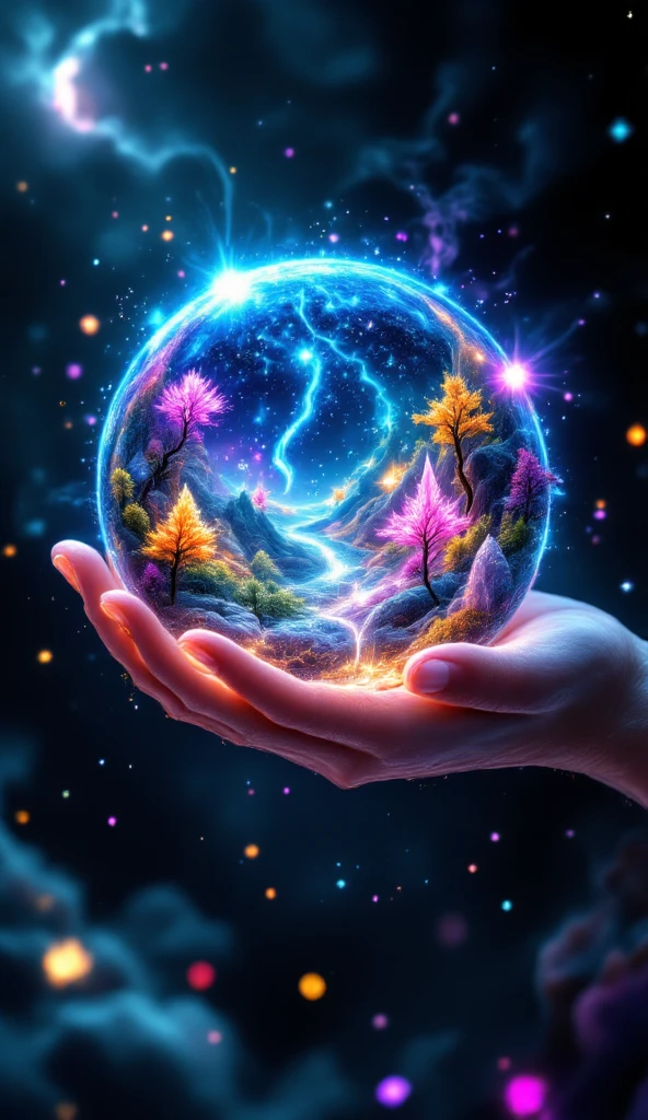 Prompt:

Masterpiece, breathtakingly detailed macro shot of a miniature dreamscape cradled by the luminous hand of a cosmic creator goddess. Fantastical crystalline formations of varying transparency and color create an otherworldly environment. Within this "crystal dreamscape," tiny, whimsical sprite-like beings with iridescent wings flit and glow. Volumetric light filters through the crystal structures, casting vibrant caustic patterns. Hyper-realistic textures showcase the intricate facets and internal luminescence of the crystals. Dreamy, ethereal background with soft, glowing particles. Focus on the magical and whimsical nature of a micro-fantasy world.

Notes: cosmicart, fantasyart, detailedillustration, SuperPremium, aesthetic, 8K.

Key elements: Whimsical crystal formations, sprite-like beings, iridescent details, magical atmosphere, dreamlike quality.